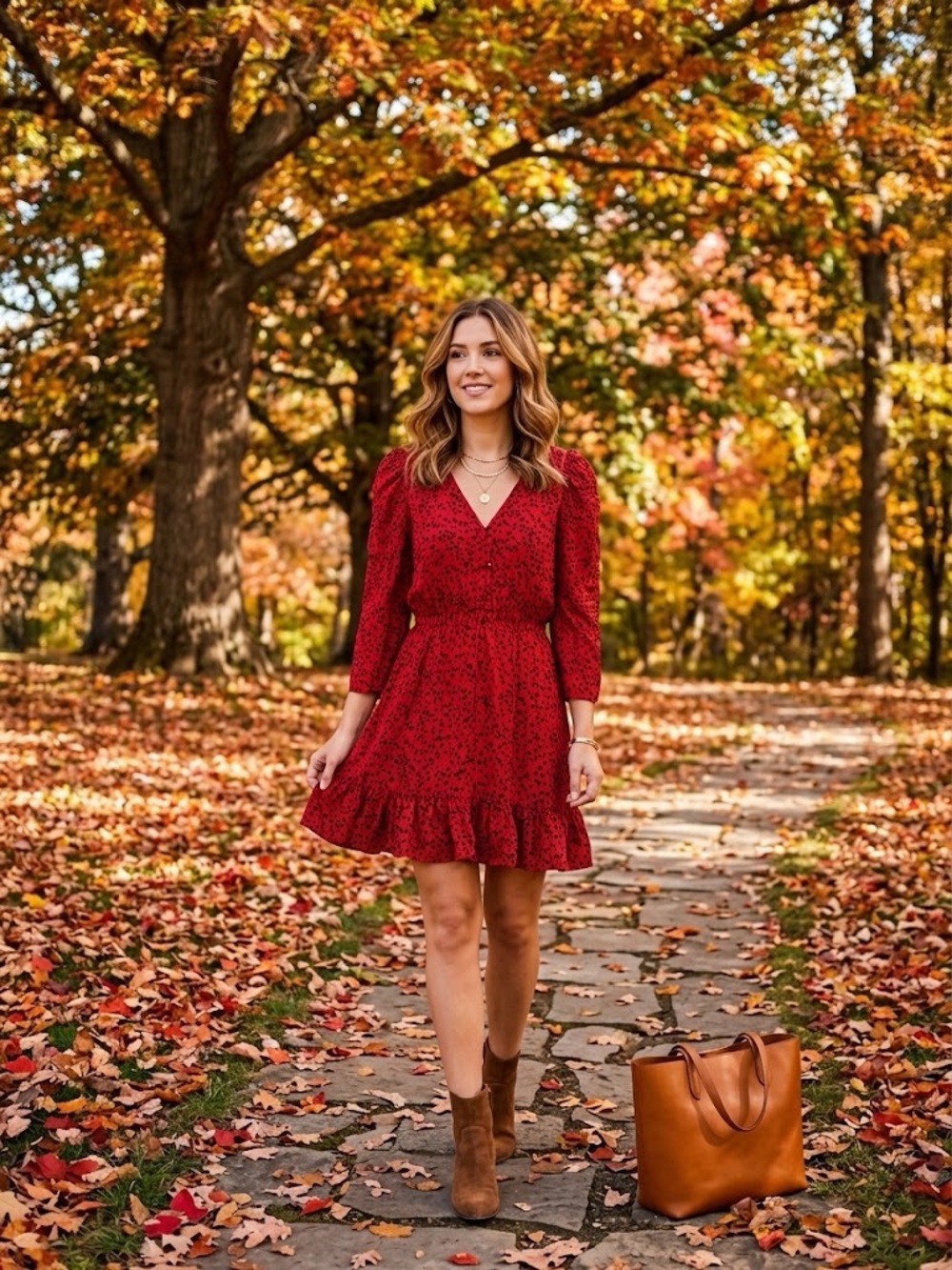 Zara Red V-Neck Black Dot Ruffle Mini Dress perfect for fall pictures!